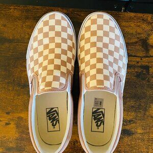 Vans Classic Slip On Checkerboard Sneaker,  Walnut Brown/White 8M/9.5W
